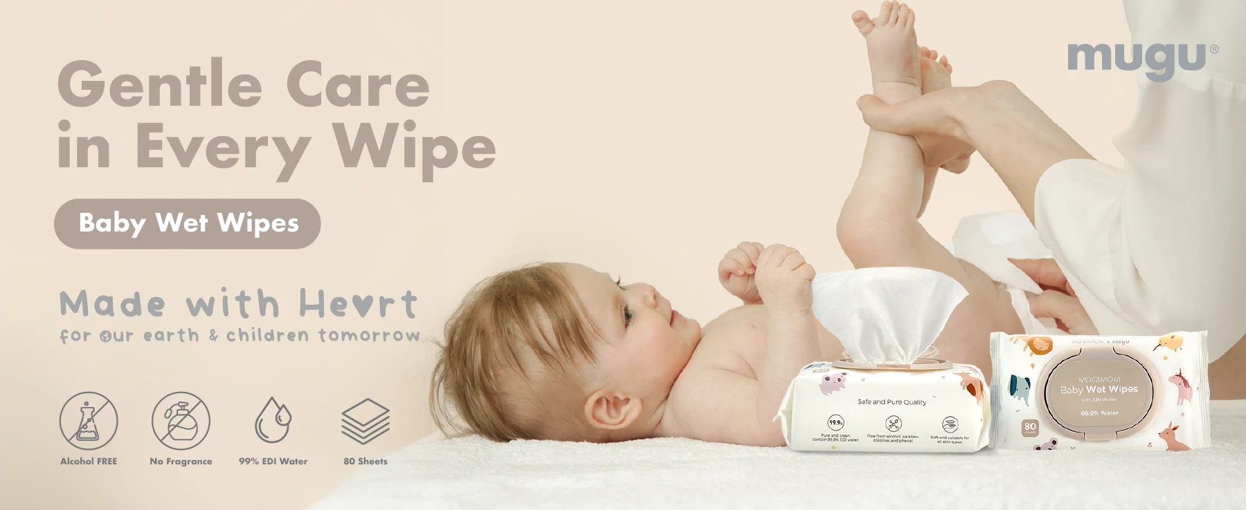 MOOIMOM x mugu Baby Wet Wipes with EDI Water - 80 Sheets description image