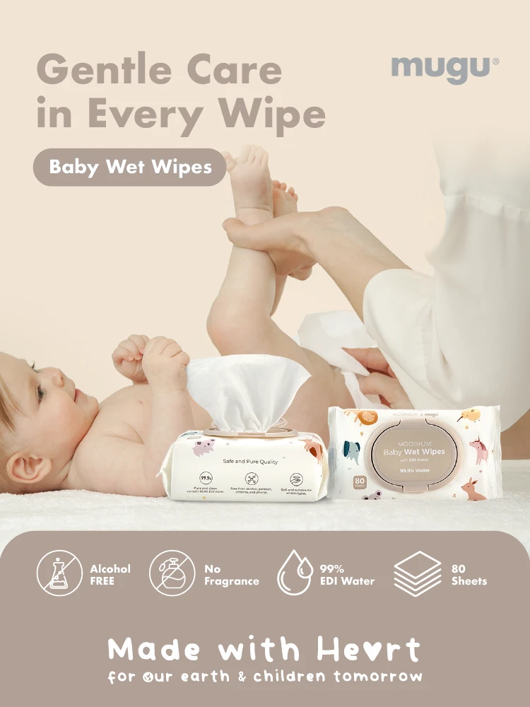 MOOIMOM x mugu Baby Wet Wipes with EDI Water - 80 Sheets description image